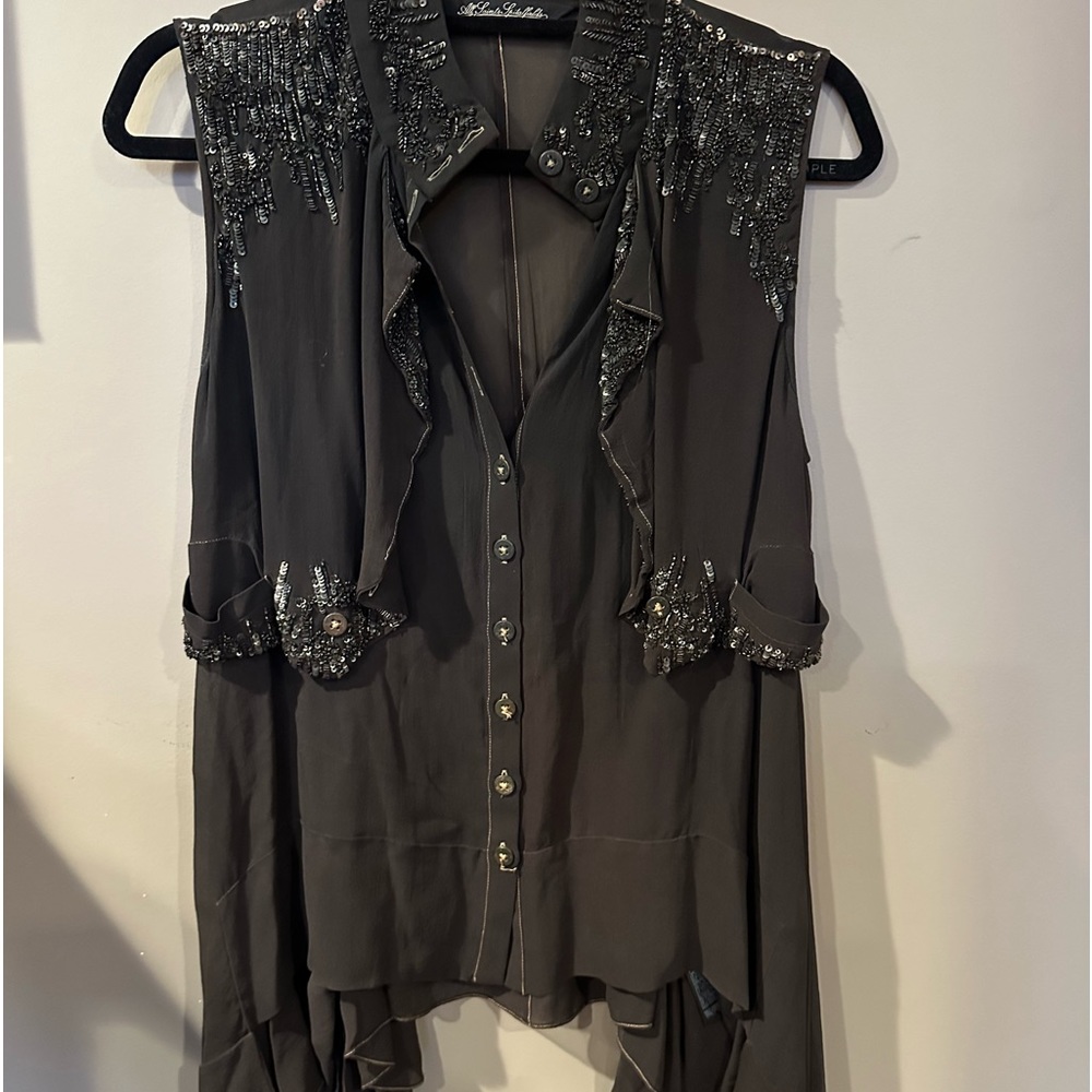 All Saints Black Beaded Embellished Sleeveless Button Up Blouse Spitalfields